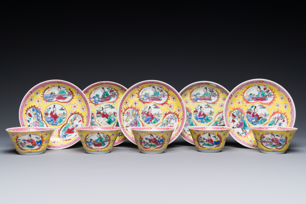 Five Chinese famille rose yellow-ground cups and saucers with 'four arts 四藝' design, Yongzheng