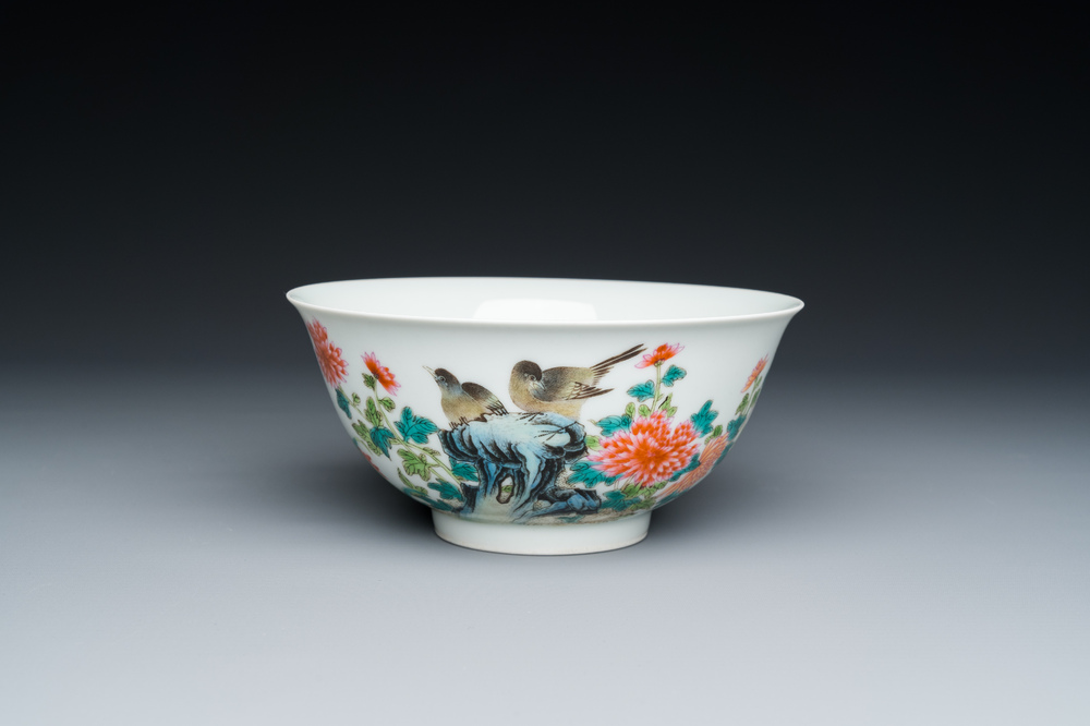 A Chinese famille rose 'magpies and peonies' bowl, Yongzheng mark, Republic