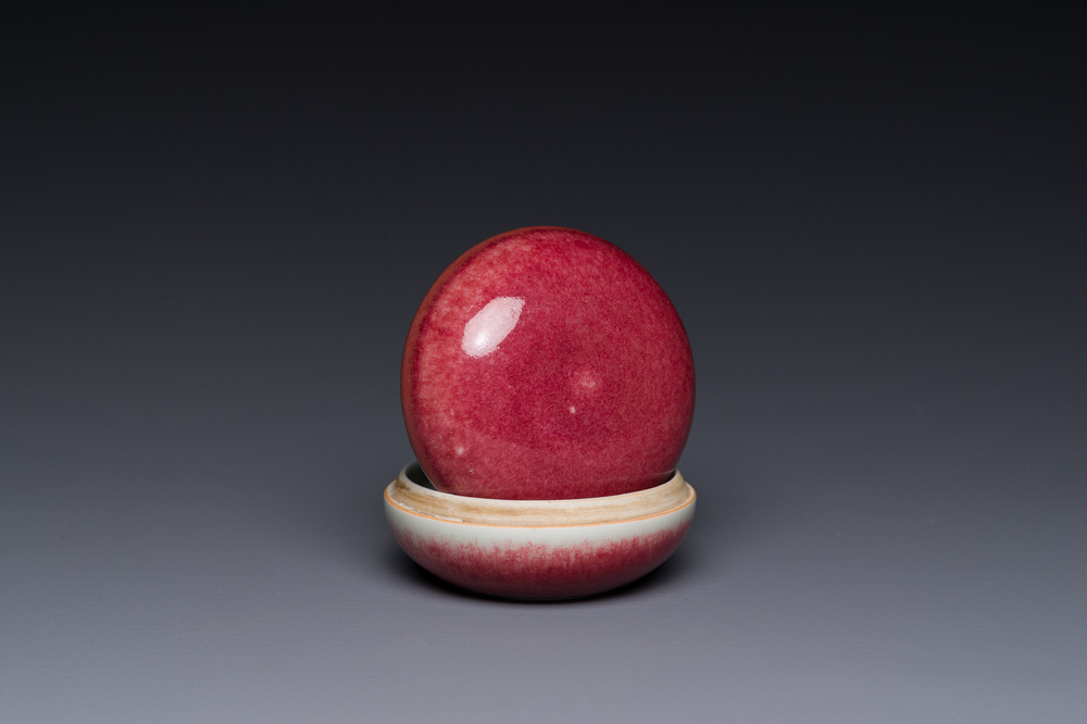 A Chinese monochrome copper-red-glazed box and cover, Kangxi mark, 20th C.