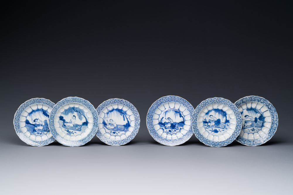 Six Chinese blue and white 'acupuncture' saucers, Kangxi