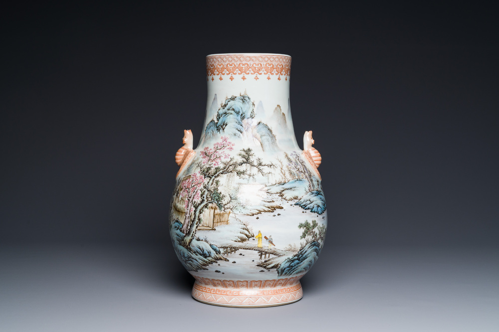 A Chinese famille rose 'hu' vase with mountainous landscape, signed Wang Xiaoting 汪小亭, dated 1943