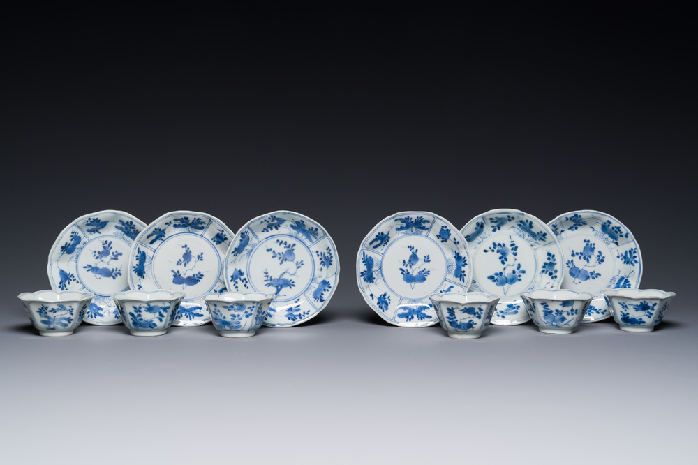 Six Chinese blue and white flower-shaped 'sanduo' cups and saucers, lingzhi mark, Kangxi
