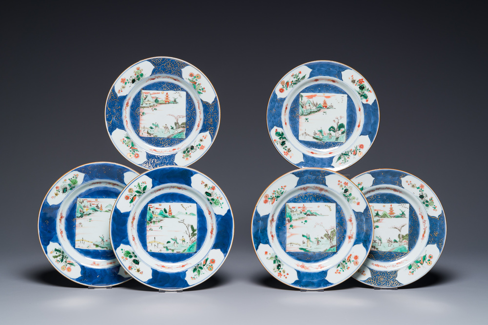 Six Chinese famille verte 'Xie Qin Fang You 攜琴訪友' plates, Kangxi