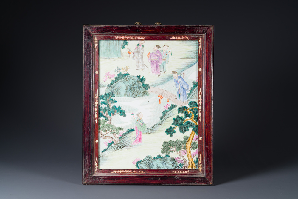 A Chinese famille rose 'eight immortals' plaque in a wooden frame, 18/19th C.