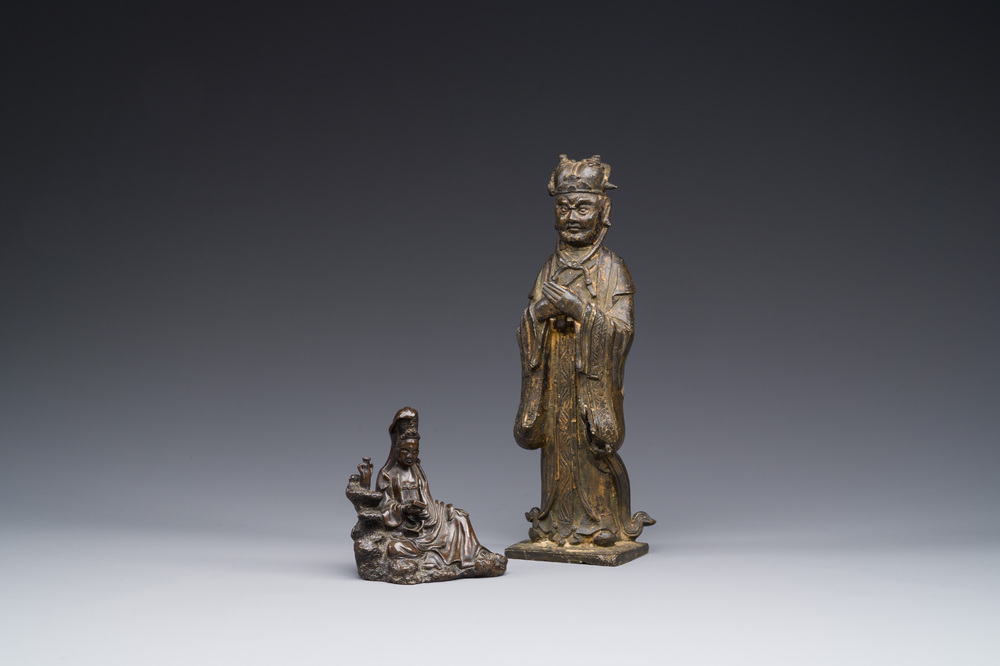 Deux figures en bronze de Wenchang et Guanyin, Chine, Ming