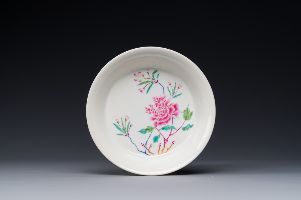 A Chinese famille rose 'peony' plate, Yongzheng mark and possibly of the period