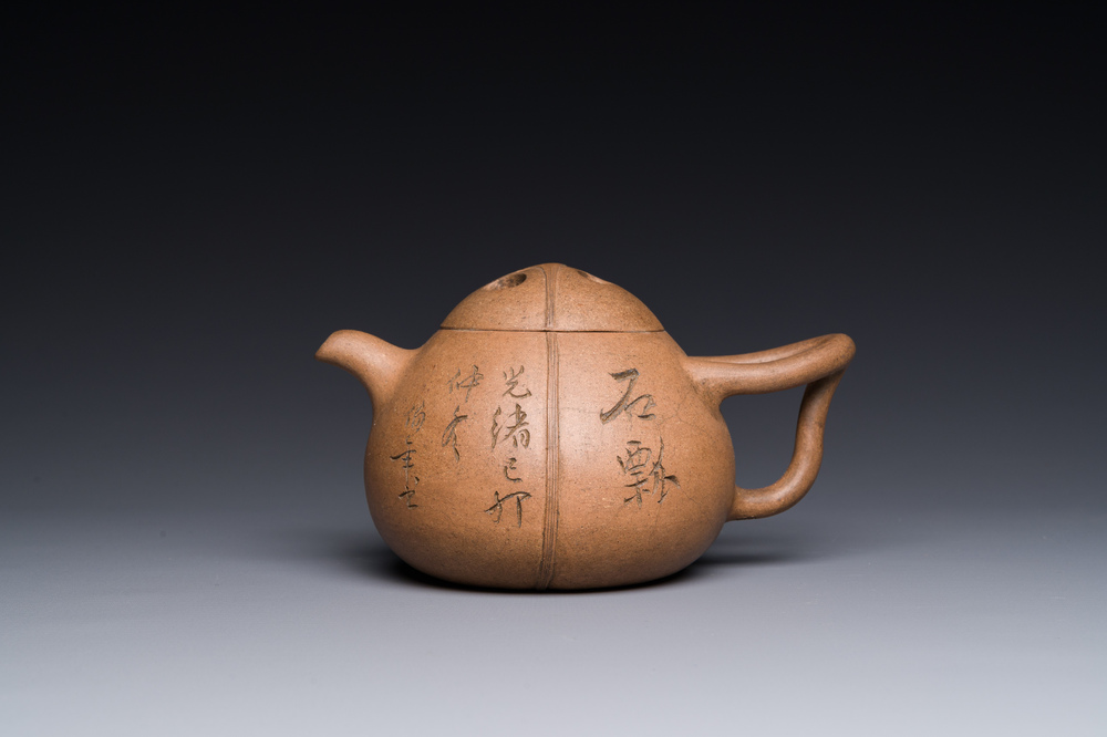 A Chinese Yixing stoneware 'Shipiao 石瓢' teapot, Ren Bonian 任伯年 signed, dated 1879