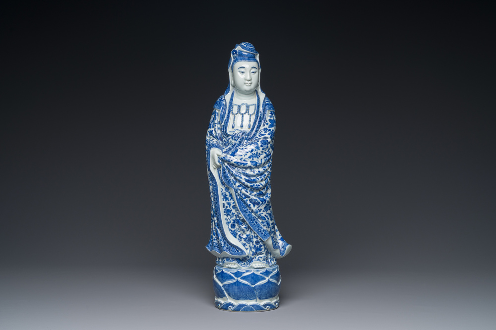 A fine Chinese blue and white Boddhisattva, Xue Chang Sen 薛長森 seal mark, Republic