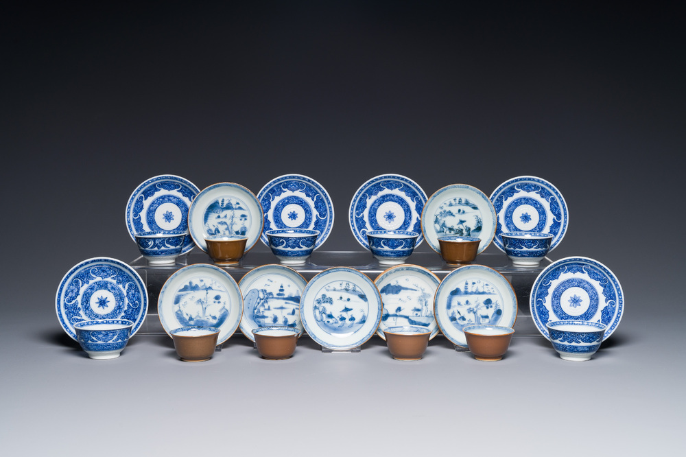 12 Chinese blue and white cups and 13 saucers, including capucin-brown glazed, Kangxi/Qianlong