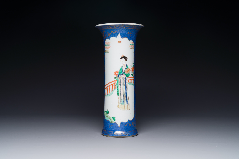A Chinese famille verte powder-blue-ground 'court lady' beaker vase, Kangxi