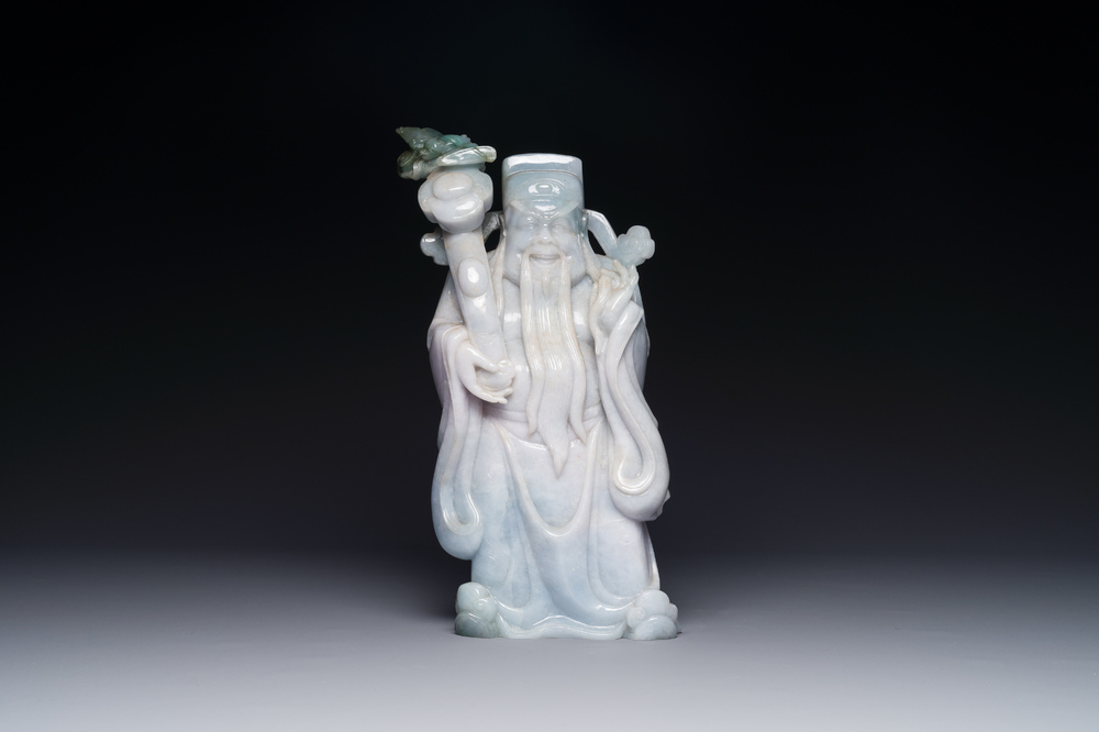 A Chinese celadon and white jade figure of Lu Xing, 20th C.