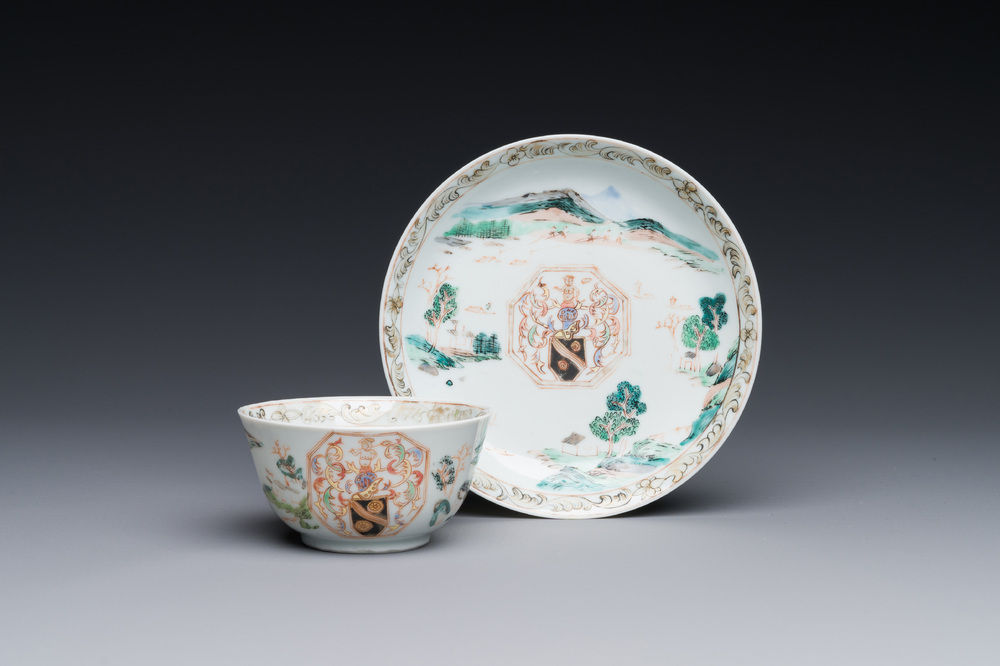 Tasse et soucoupe en porcelaine de Chine famille rose aux armes de Beekman de Z&eacute;lande pour le march&eacute; hollandais, Yongzheng