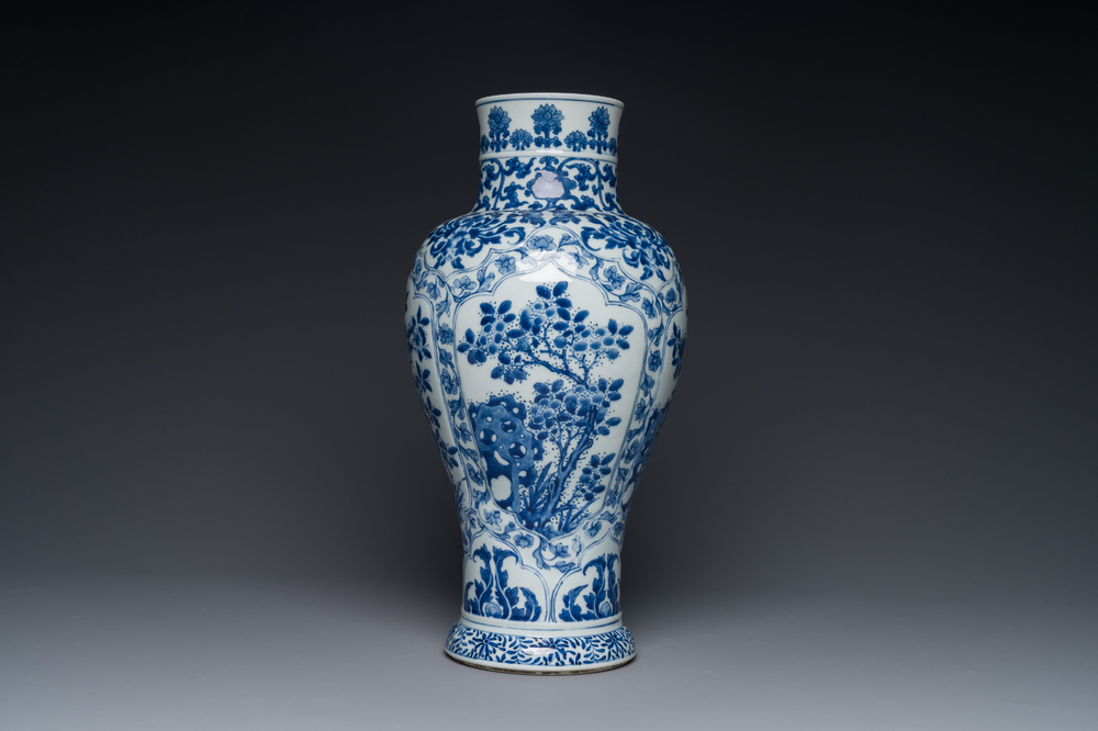 A Chinese blue and white baluster vase with floral design, Kangxi