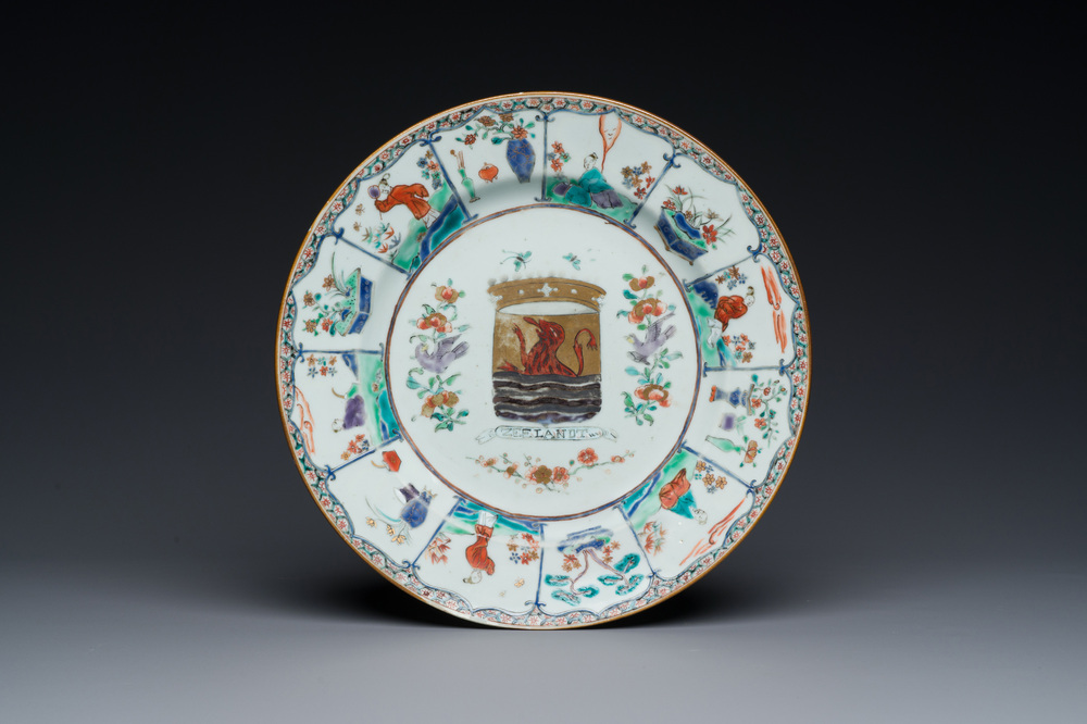 A Dutch-decorated Chinese famille verte armorial 'Provinces' dish with the arms of the province of Zeeland, Kangxi/Yongzheng