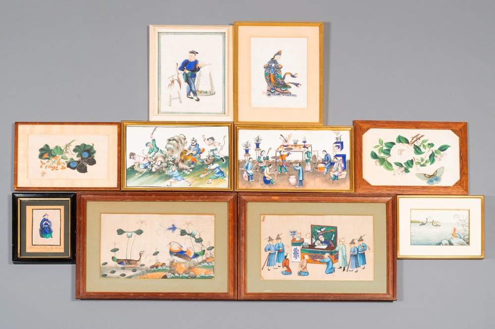 Dix peintures sur papier de riz &agrave; d&eacute;cor de personnages, de la faune et de la flore, Chine, Canton, 19/20&egrave;me