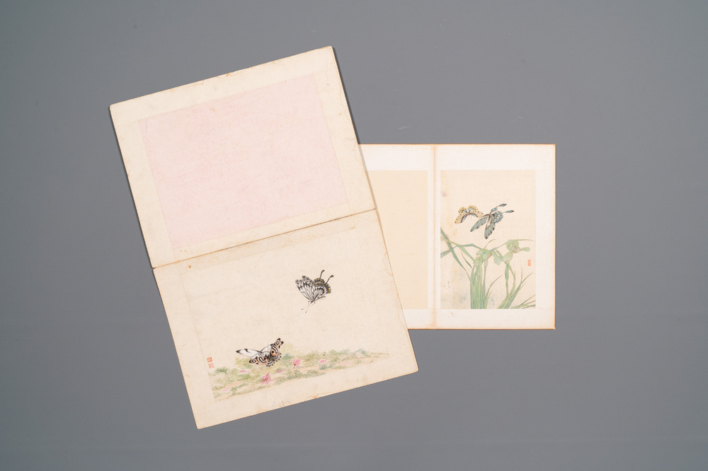 Ecole chinoise: Deux parties d'album avec quatre dessins et une calligraphie, marque en sceau Lisheng 笠生, 19/20&egrave;me