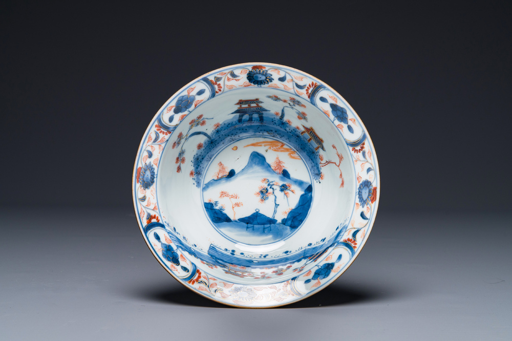 A Chinese Imari-style 'klapmuts' bowl with landscape design, ex-collection of August the Strong, Kangxi
