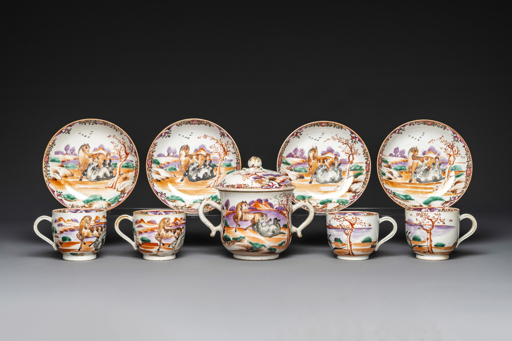Four Chinese famille rose cups and saucers and a sugar bowl with design of two horses, Qianlong