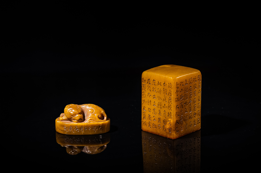 Two Chinese Shoushan soapstone seals, Qing