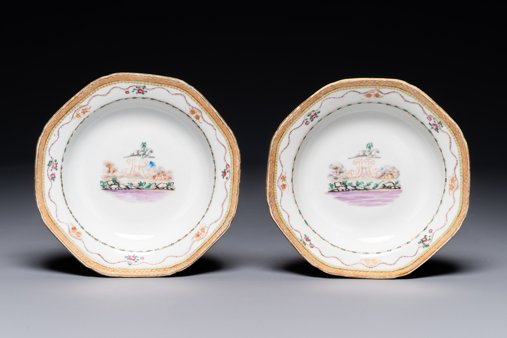A pair of Chinese 'H' monogrammed famille rose plates with landscape design, Jiaqing