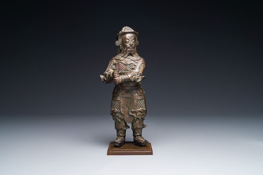 A fine Chinese gilt bronze figure of Zhou Cang 周倉, Ming