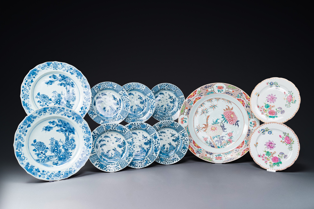 Collection vari&eacute;e de 11 pi&egrave;ces en porcelaine de Chine en bleu et blanc et famille rose, Yongzheng/Qianlong