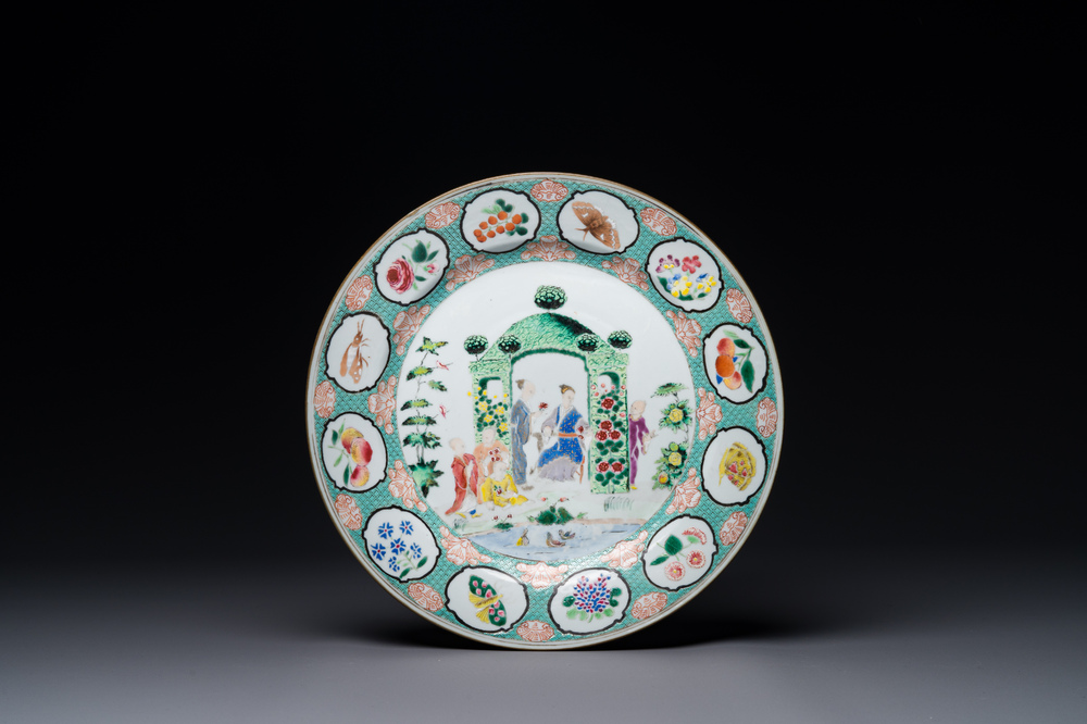 A Chinese famille rose 'arbor' plate after a design by Cornelis Pronk, Qianlong