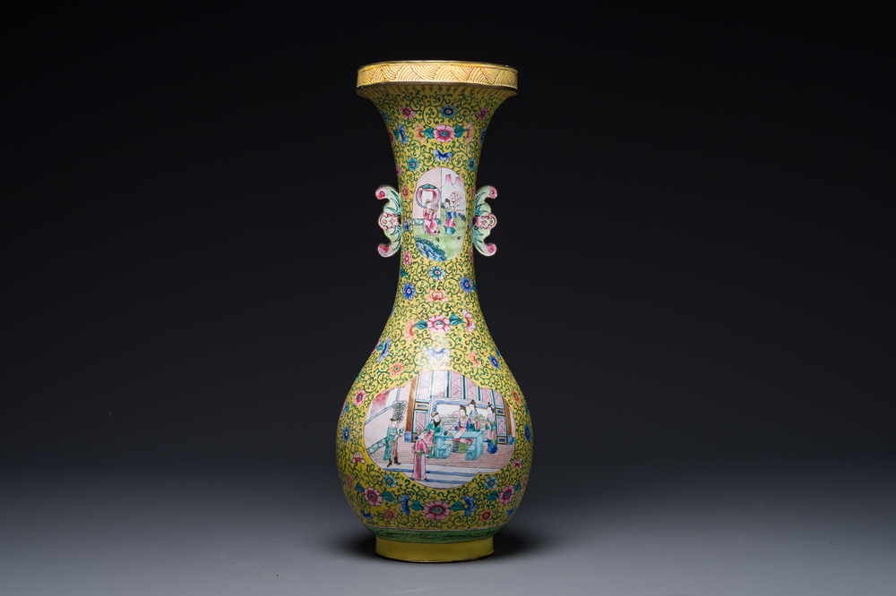 A Chinese Canton enamel yellow-ground vase, 19th C.