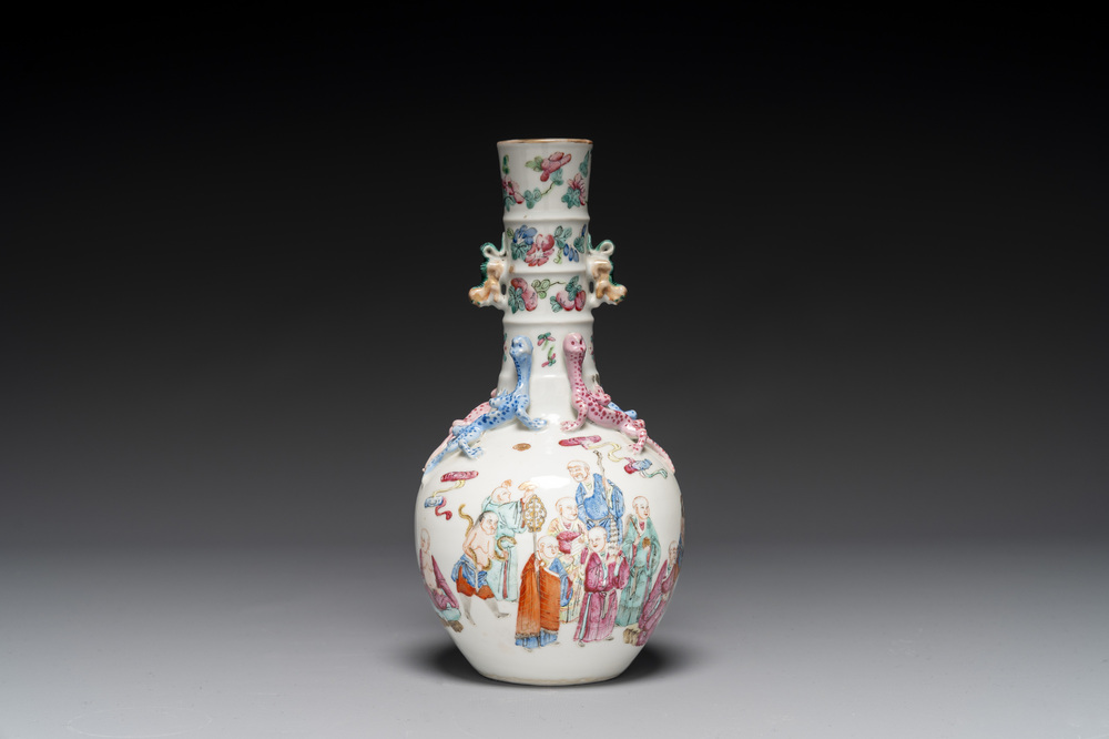 A Chinese famille rose '18 Luohan' bottle vase, 19th C.