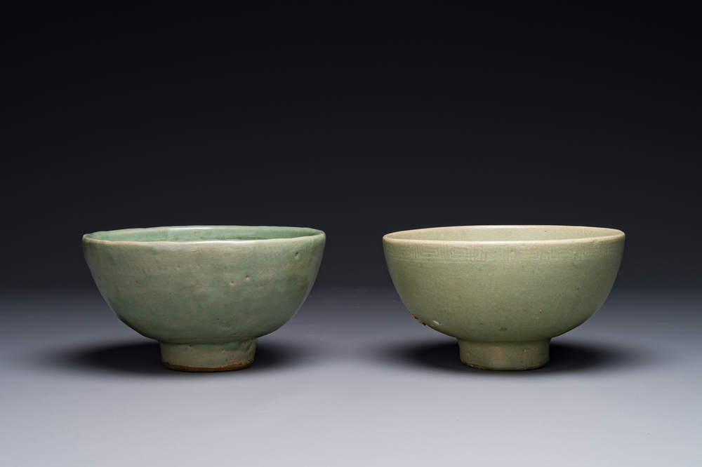 RETURNED 10/12/24 Two rare Chinese Longquan celadon bowls with figural anhua design, Yuan