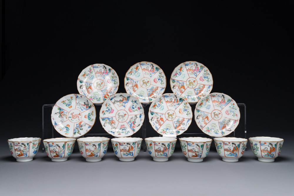 Acht Chinese famille rose koppen en zeven schotels, Xianfeng merk en periode
