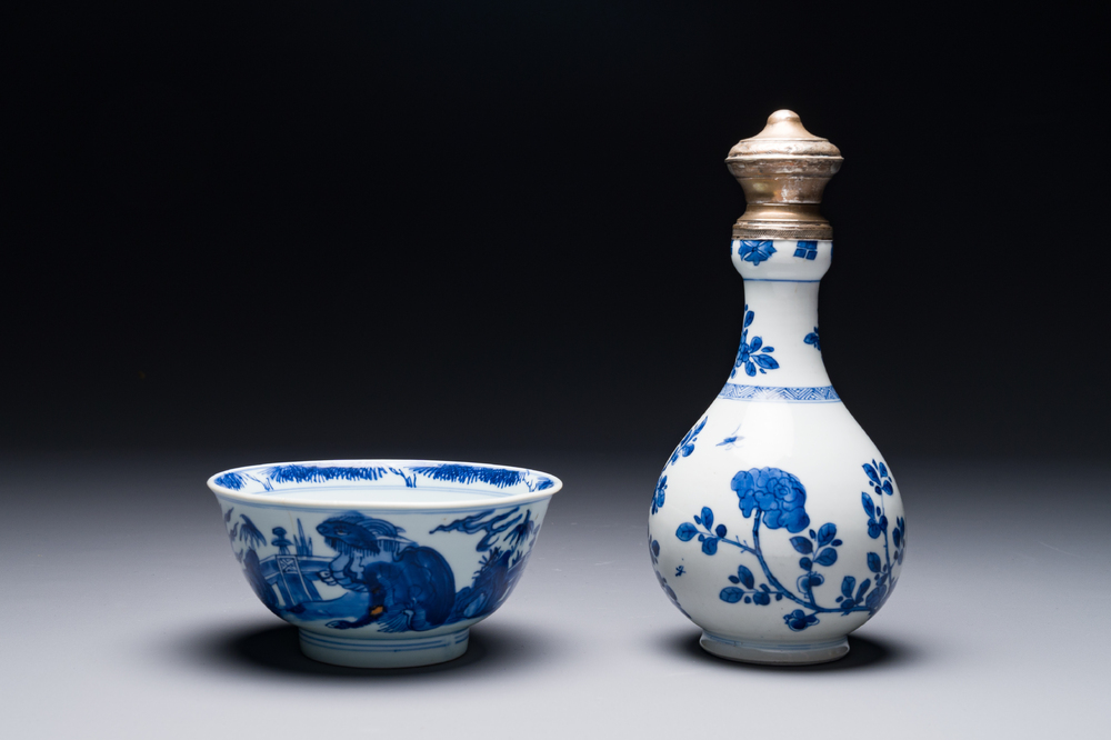 A Chinese blue and white bowl and a silver mounted vase, Shen De Tang Zhi 慎德堂製 mark, Kangxi