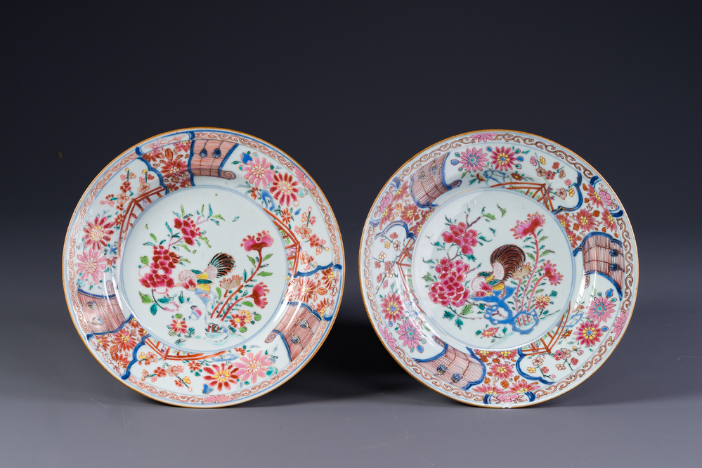 A pair of Chinese famille rose 'rooster' plates, Yongzheng