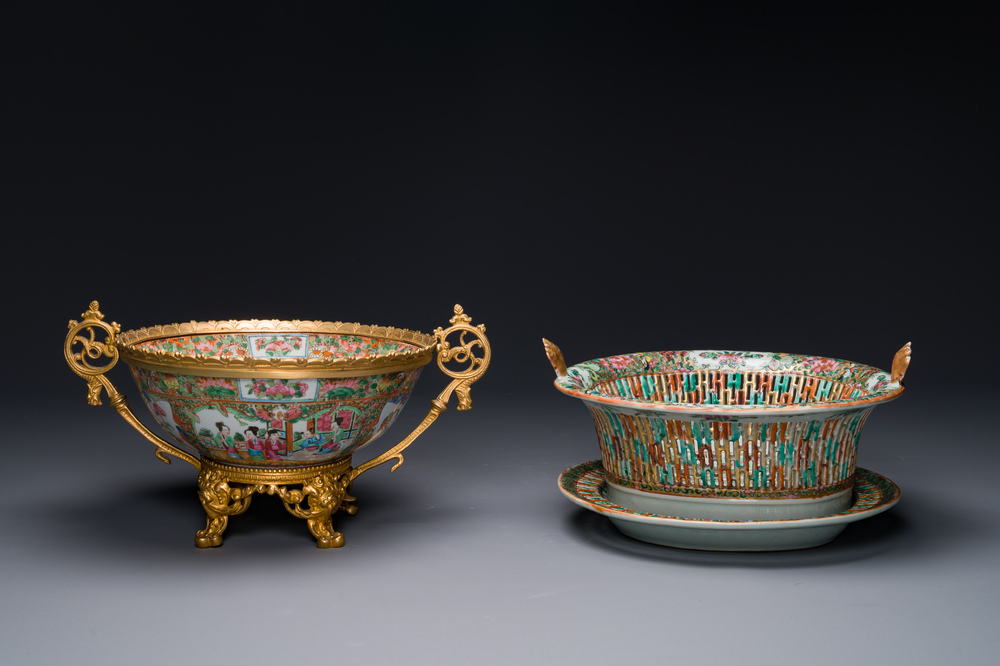 A Chinese Canton famille rose reticulated basket on stand and a bowl with gilt bronze mounts, 19th C.