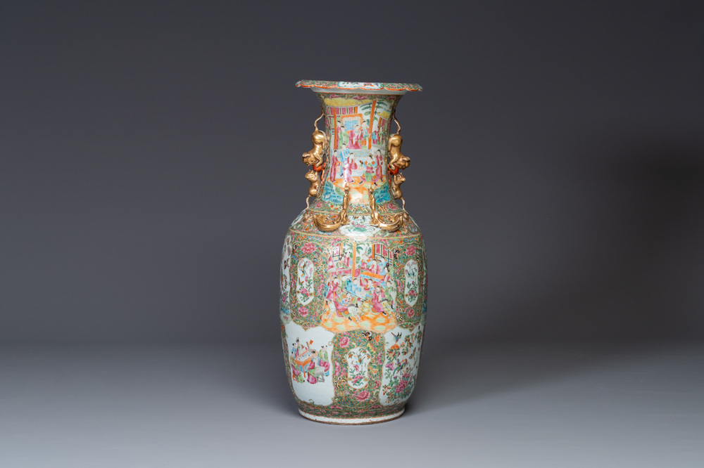 A large Chinese Canton famille rose vase with narrative design, 19th C.