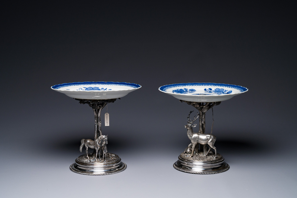 A pair of Chinese blue and white plates with silver-plated 'Alpaca Berndorf' mounts, Jiaqing