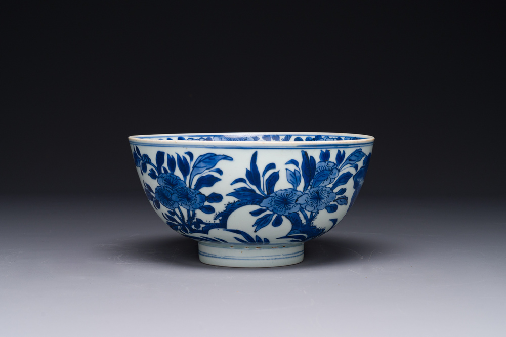 A Chinese blue and white 'birds among flowering branches' bowl, Shen De Tang Bo Gu Zhi 慎德堂博古製 mark, Kangxi
