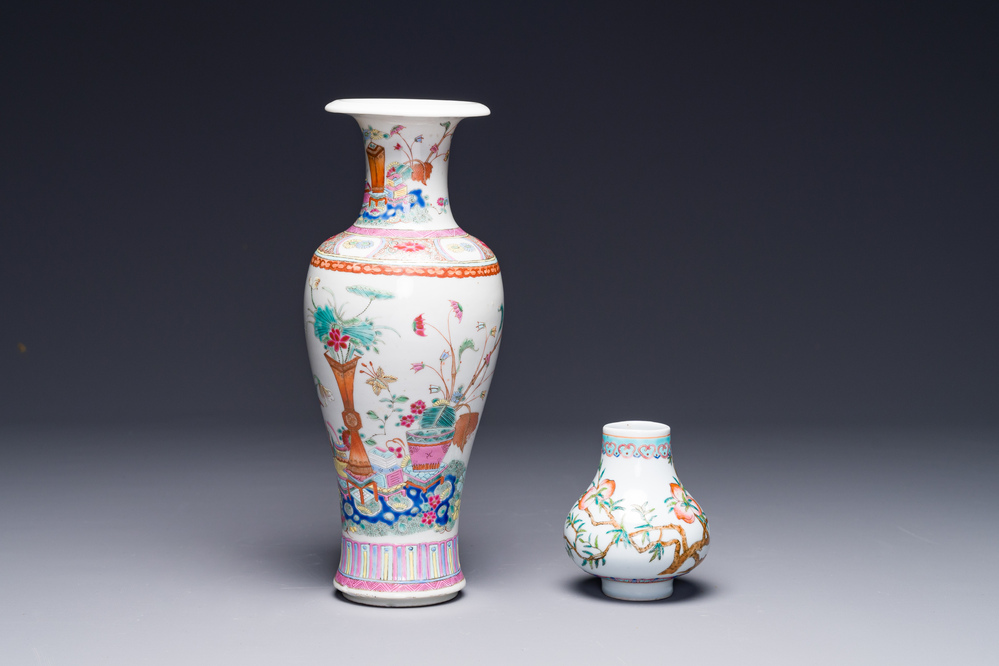 A small Chinese famille rose 'nine peaches' vase and an 'antiquities' vase, 19th C.