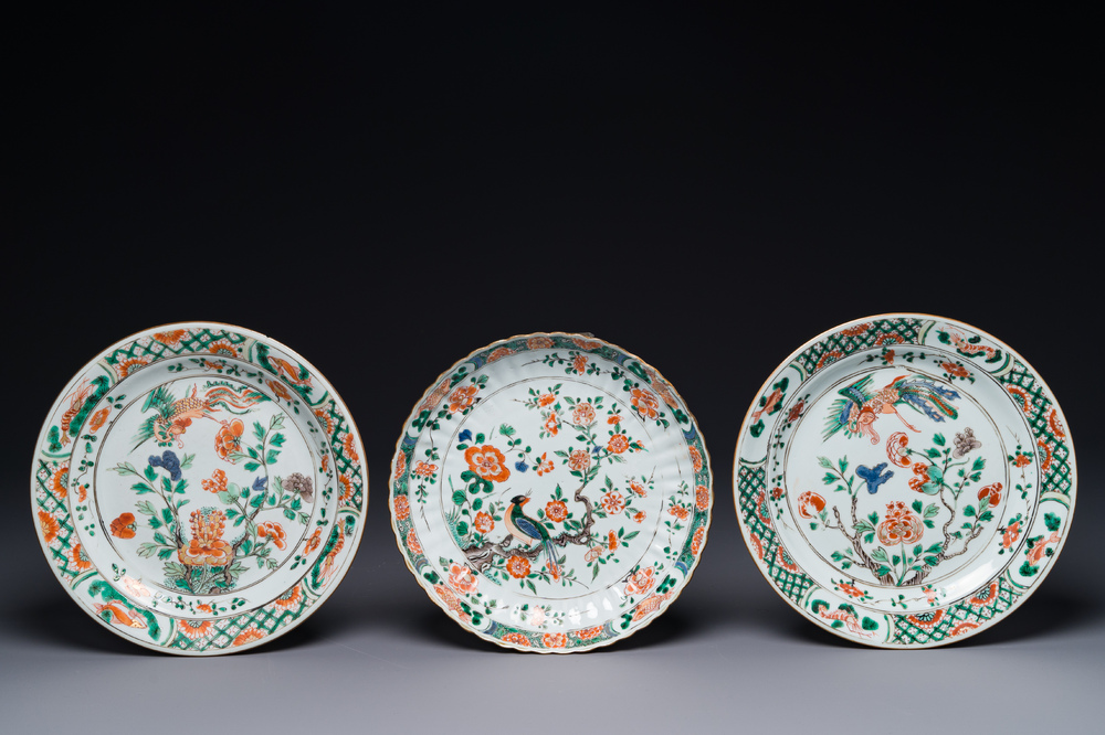 Three Chinese famille verte 'phoenix and peony' plates, Kangxi