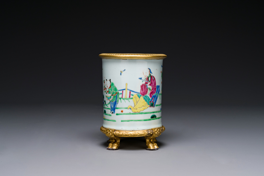 A Chinese famille rose 'Tao Yuanming 陶淵明' brush pot with gilt bronze mounts, Yongzheng