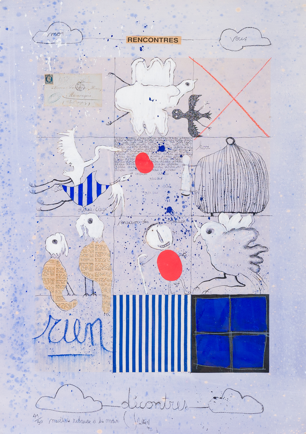 Christian Silvain (1950): 'Rencontres', gemengde techniek en collage op papier, multiple (41/50), gesigneerd en gedateerd 1992
