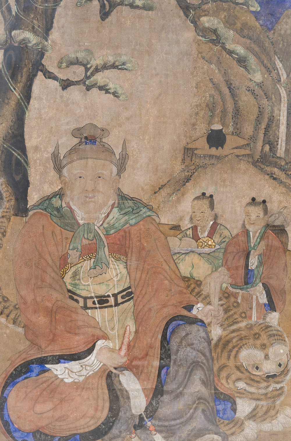 Korean school: 'Mountain Spirit Sansin 산신 or 山神 with tiger and attendants', Joseon, 18th C.