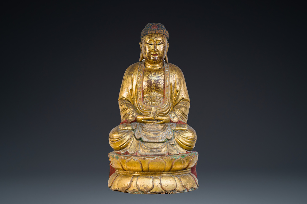 Grand Bouddha en bois dor&eacute; et polychrom&eacute;, Chine ou Vietnam, 19&egrave;me