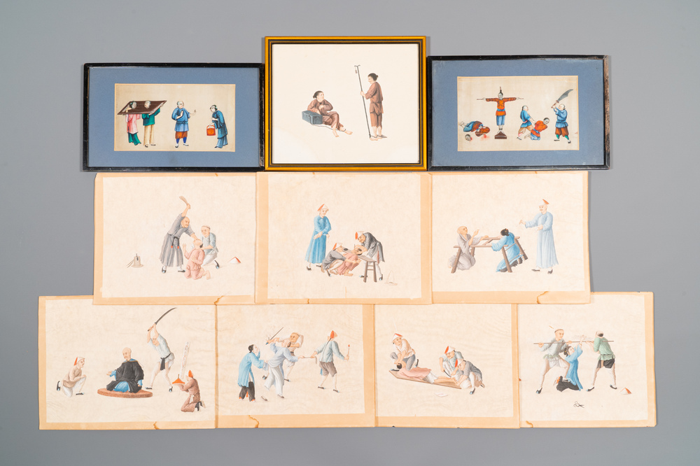 Dix peintures sur papier de riz repr&eacute;sentant des ch&acirc;timents, Chine, Canton, 19&egrave;me