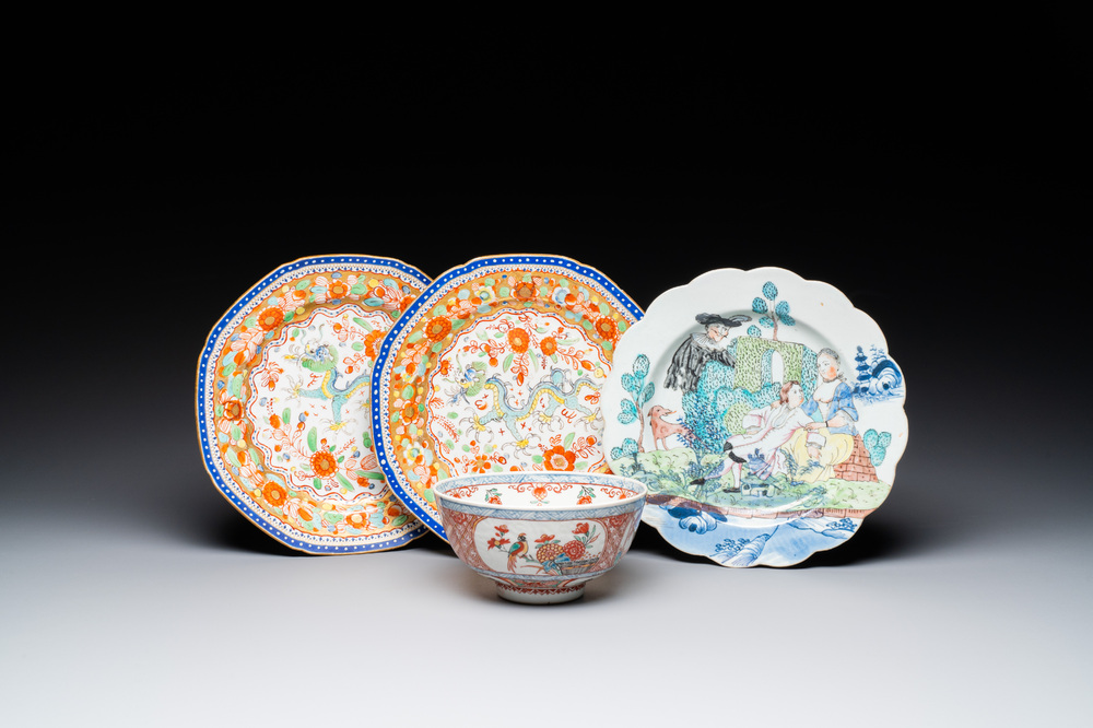 A pair of Chinese English-decorated plates and a Dutch-overdecorated Chinese bowl and plate, Qianlong