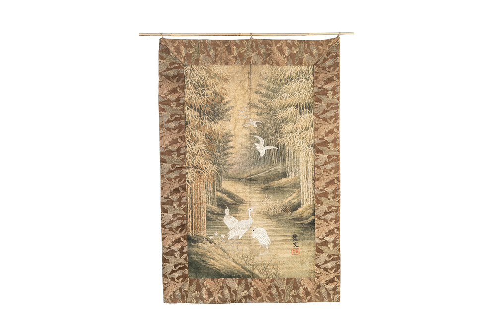 A Japanese silk embroidery with cranes and bamboo, Keibun mark, Meiji, 19th C.