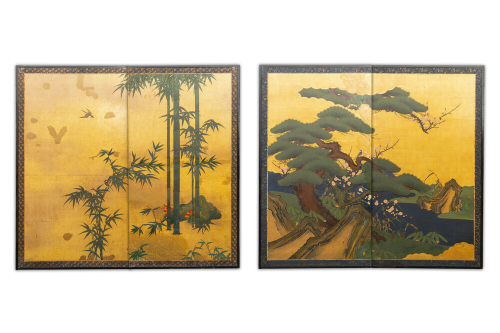 Twee Japanse tweeslags 'byobu' schermen, Meiji, 19e eeuw