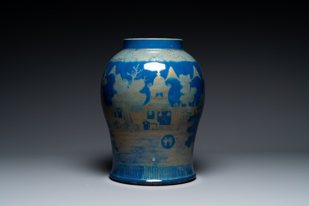 A Chinese gilt-decorated powder-blue vase with landscape design, Qianlong/jiaqing
