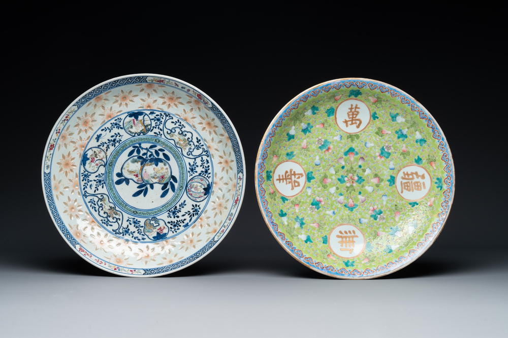 Two Chinese famille rose dishes, Kangxi and Shen De Tang 慎德堂 mark, 19th C.