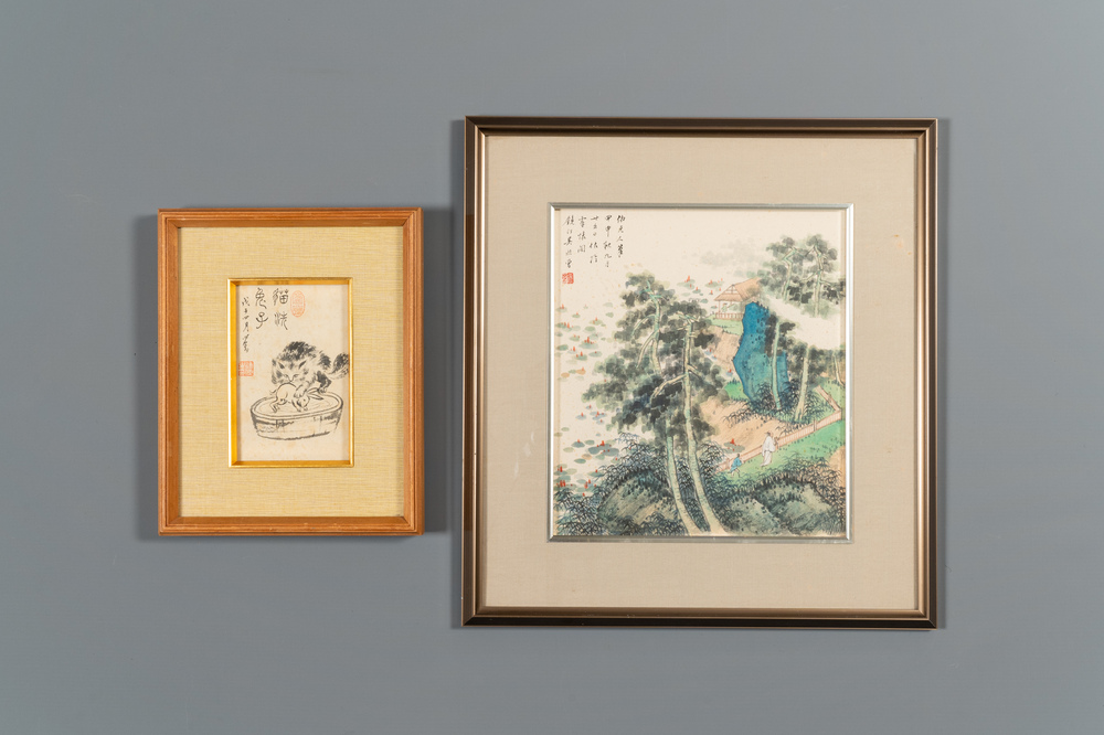Pu Xinyu 溥心畲 (1896-1963): 'Chat et lapin' et Wu Xizeng 吳熙曾 (1904-1972): 'Paysage', encre et couleur sur papier